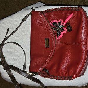 Chala Burgundy Crossbody Bag with Butterfly & Flower Charm Adjustable Strap